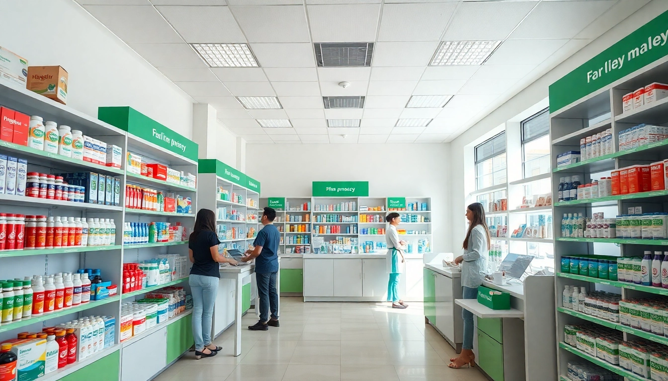 MediClick Pharmacy staff assisting customers in a vibrant and welcoming pharmacy environment.