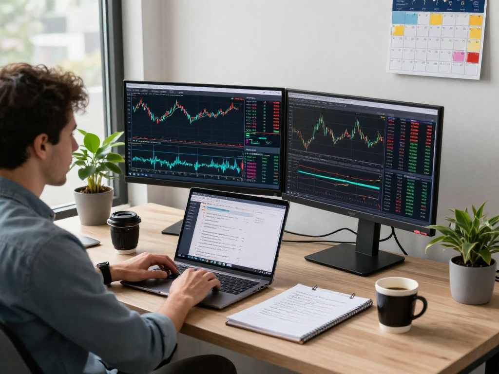 Trader analyzing charts on MetaTrader 5 platform in a modern workspace.