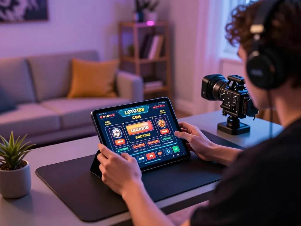 Engaging with LOTO188 COM while playing casino games, vibrant online gaming atmosphere