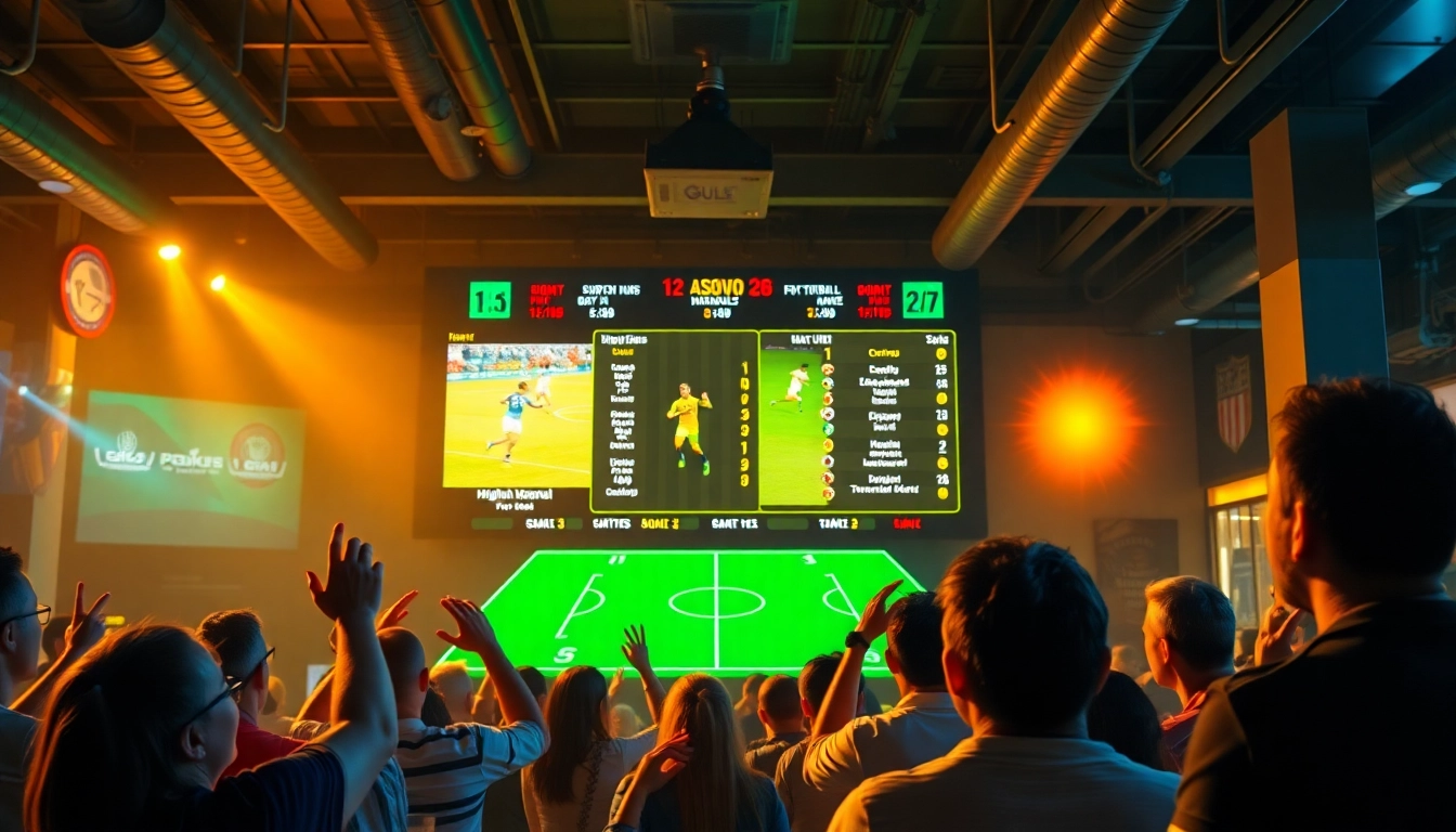 Fans enjoying Koora live sports on a digital interface in a vibrant sports bar.