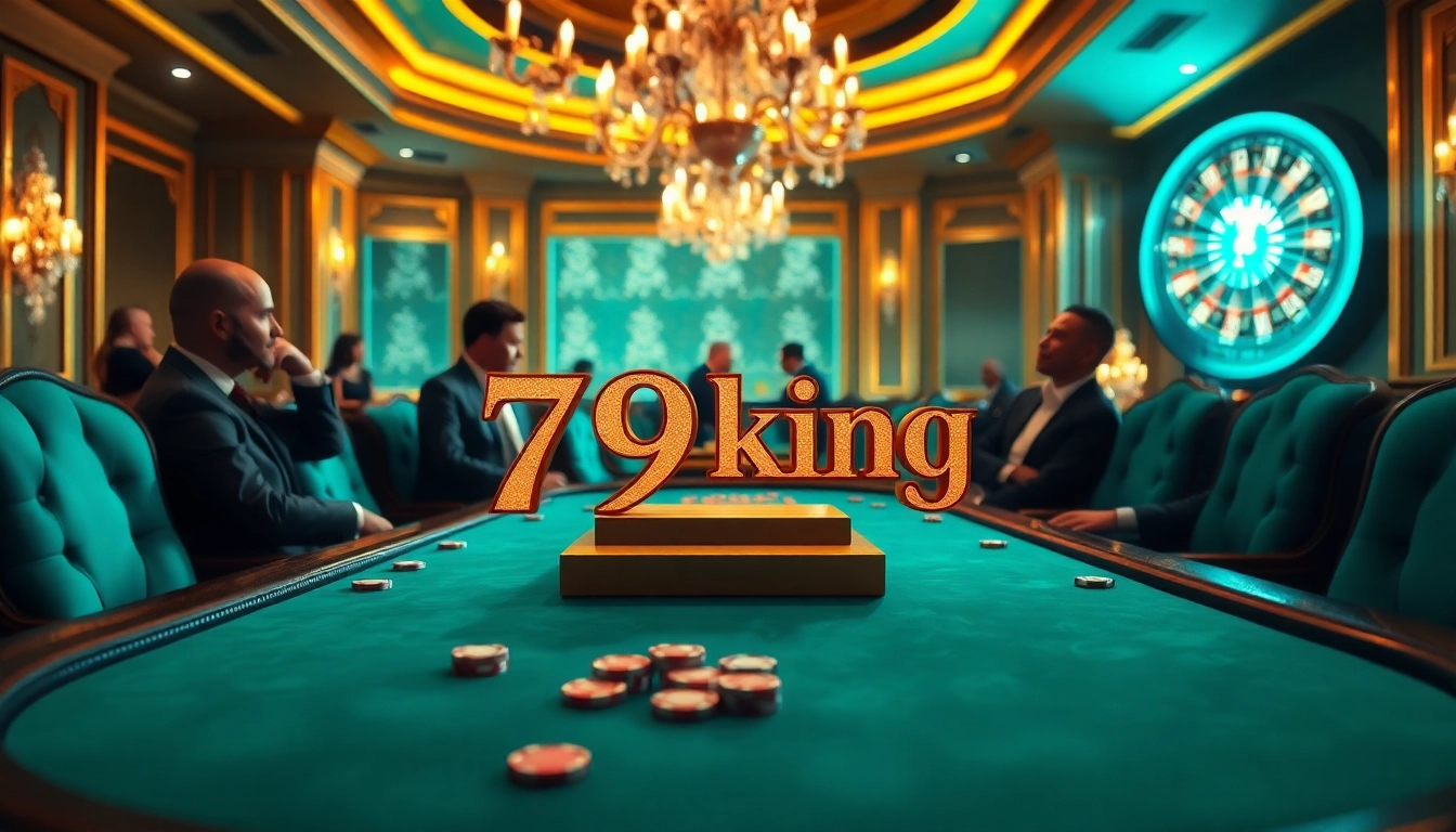 Experience the thrill at 79king's high-stakes poker table with luxurious ambiance and players in action.