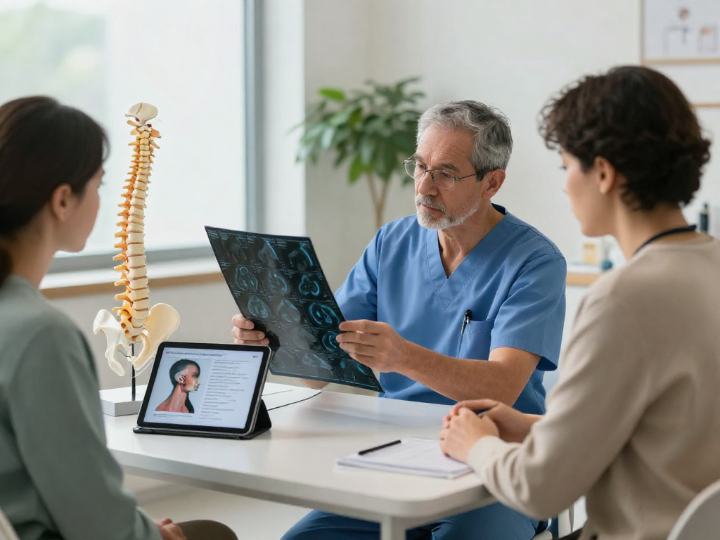 Doctor discussing boyun fıtığı ameliyatı options with a patient in a modern clinic setting.