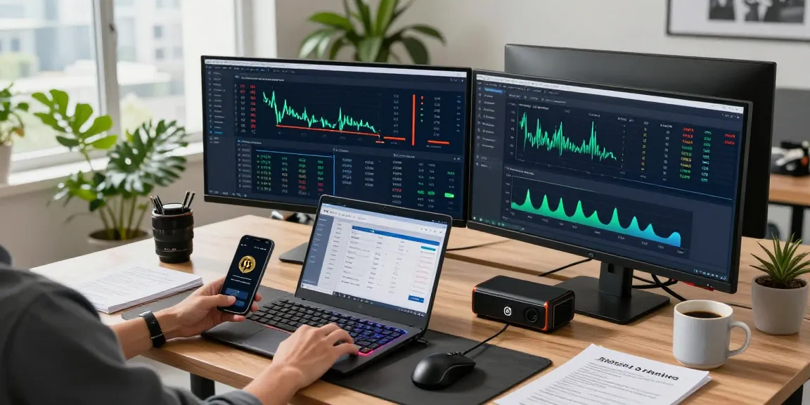 Professional Bitcoin mining workspace with multiple monitors and mining statistics.