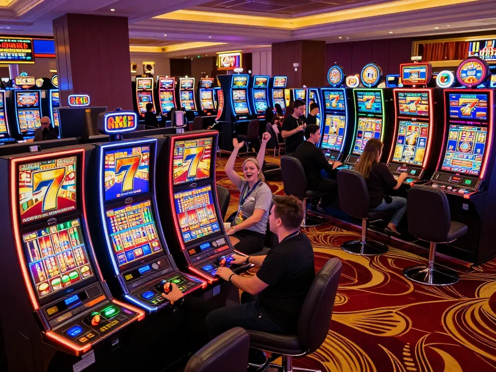 Players engaging with slot 777 machines amidst vibrant casino atmosphere, colorful lights flashing.