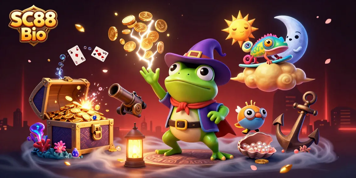 Engage with SC88 Bio's golden casino adventure featuring a wizard frog amidst treasure!