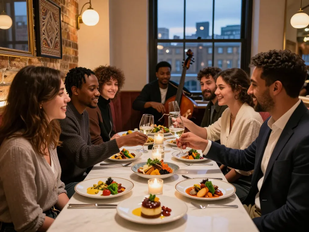 Best restaurants in London with friends enjoying gourmet dishes and cozy ambiance.