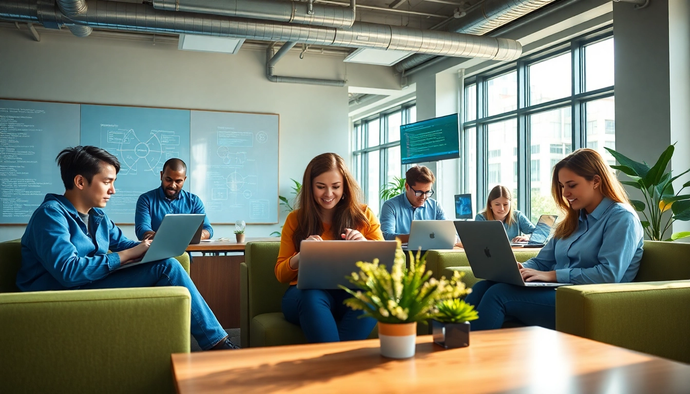 Web development company teamwork in a modern office setting emphasizing collaboration and innovation.