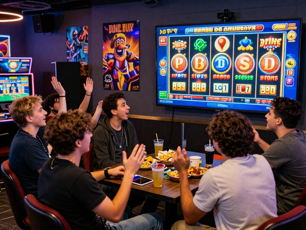 Excited players enjoying bonus buy slots in a vibrant online gaming room atmosphere.
