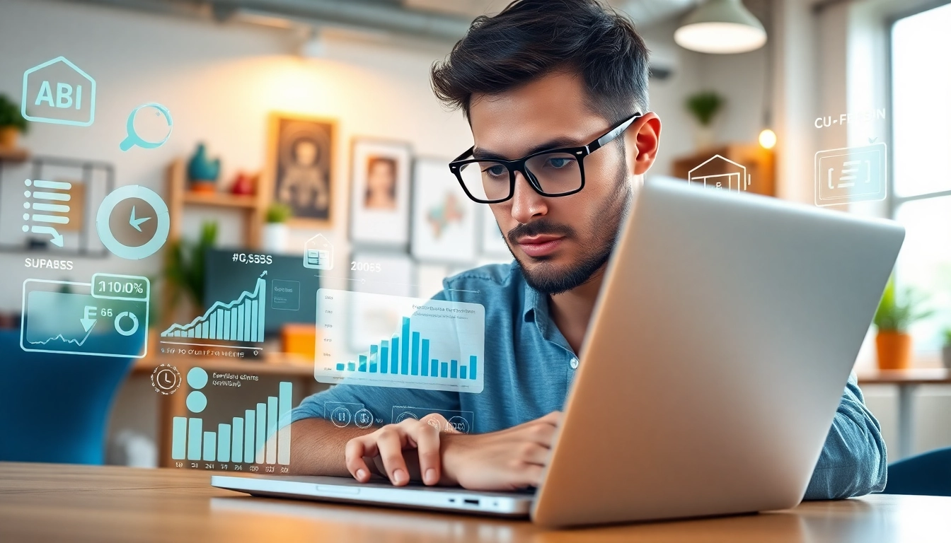 Analyze AI chatbot performance metrics at https://benchbot.ai with a developer in a modern office space.