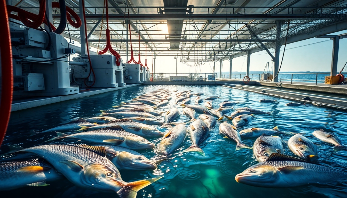 Efficient sea bass harvesting system in action, showcasing advanced aquaculture technology and vibrant fish.
