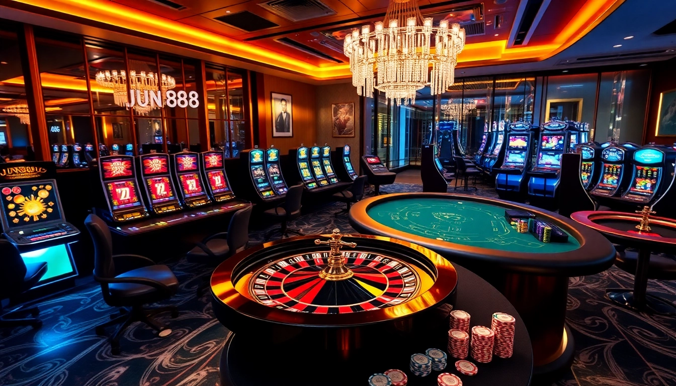 Exciting casino scene with JUN88 roulette wheel and vibrant slot machines.
