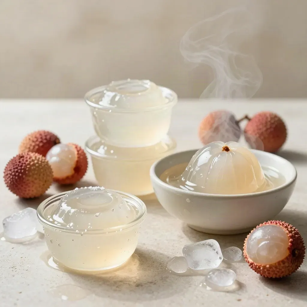 Lychee jelly cups stacked with ice and peeled lychees in a cream bowl, softly lit.