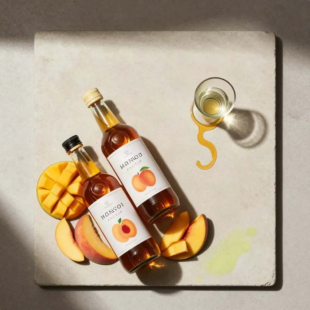 Top-down flatlay of two mango peach syrup bottles with fruit pieces and a glass jigger on concrete.