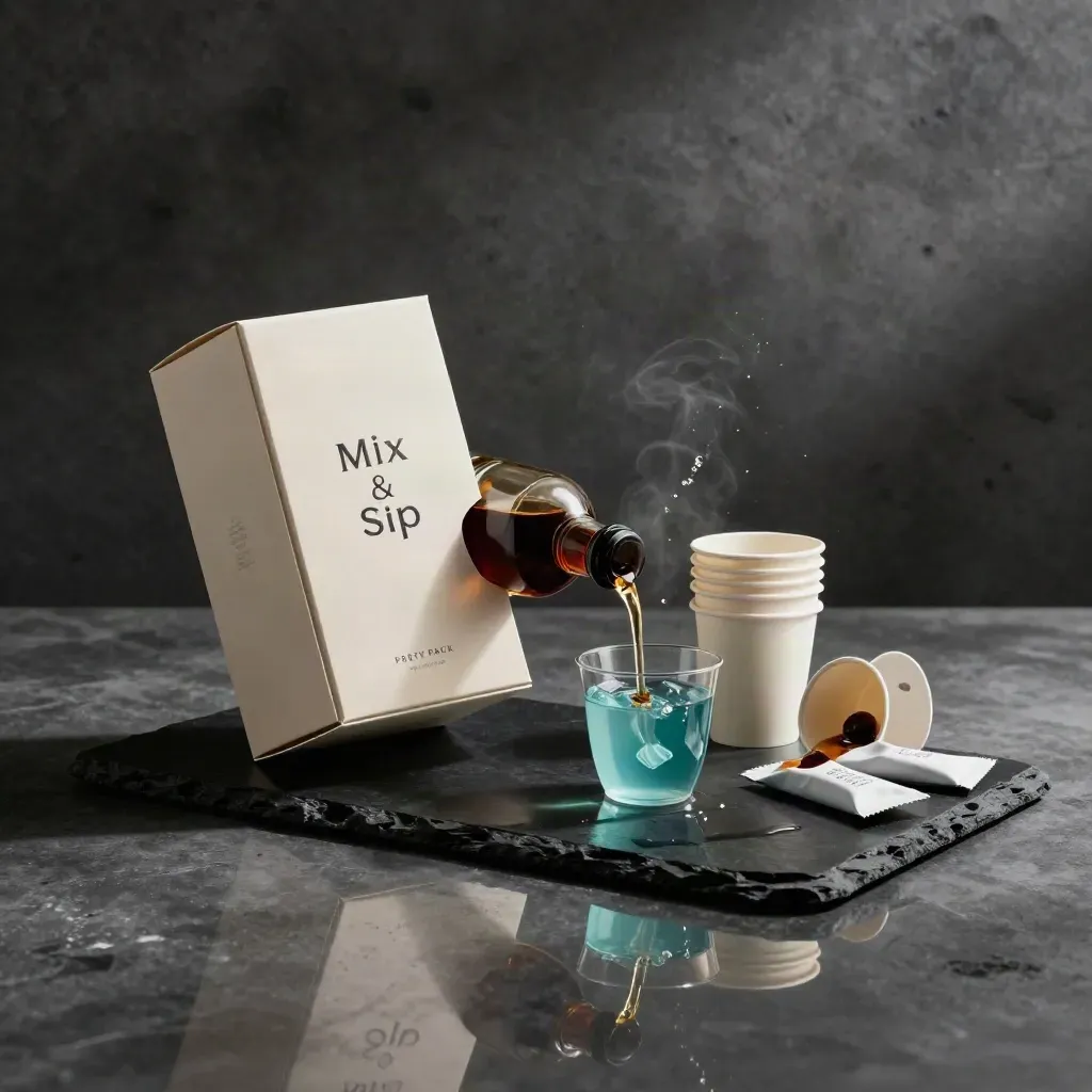 Dark studio party pack of jelly drinks, syrup splash, cups and sachets on black stone