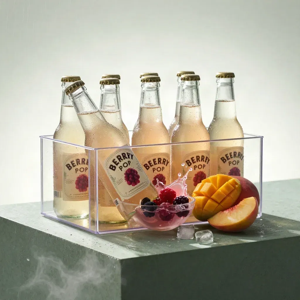 Six jelly drink bottles in a crate with fruit, ice, and a berry splash on a stone plinth.