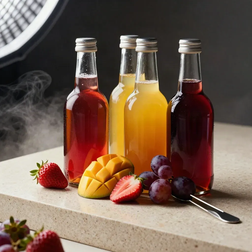 Three syrup bottles with fruit halves and a spoon on travertine in dramatic studio light.