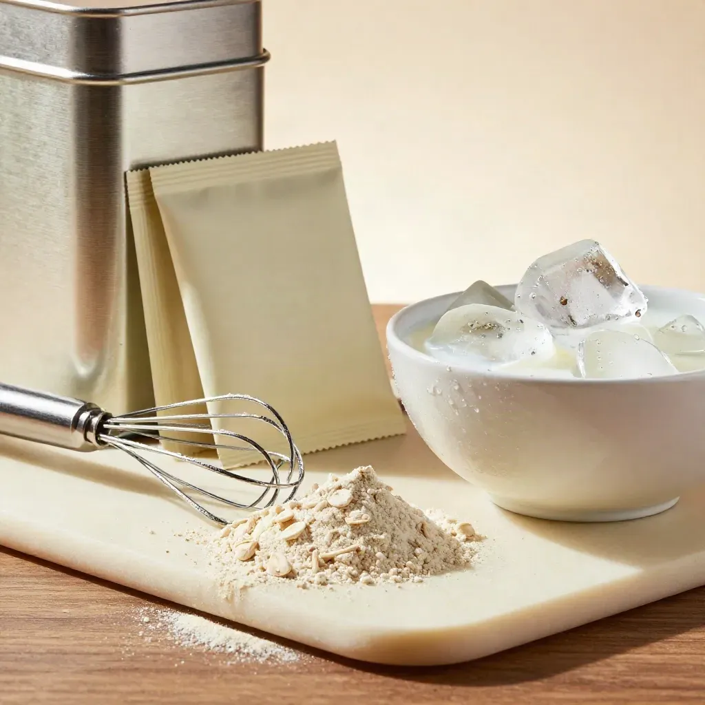 Strawberry cream drink mix tin, sachets, whisk, and milk ice cubes on a cream slab.