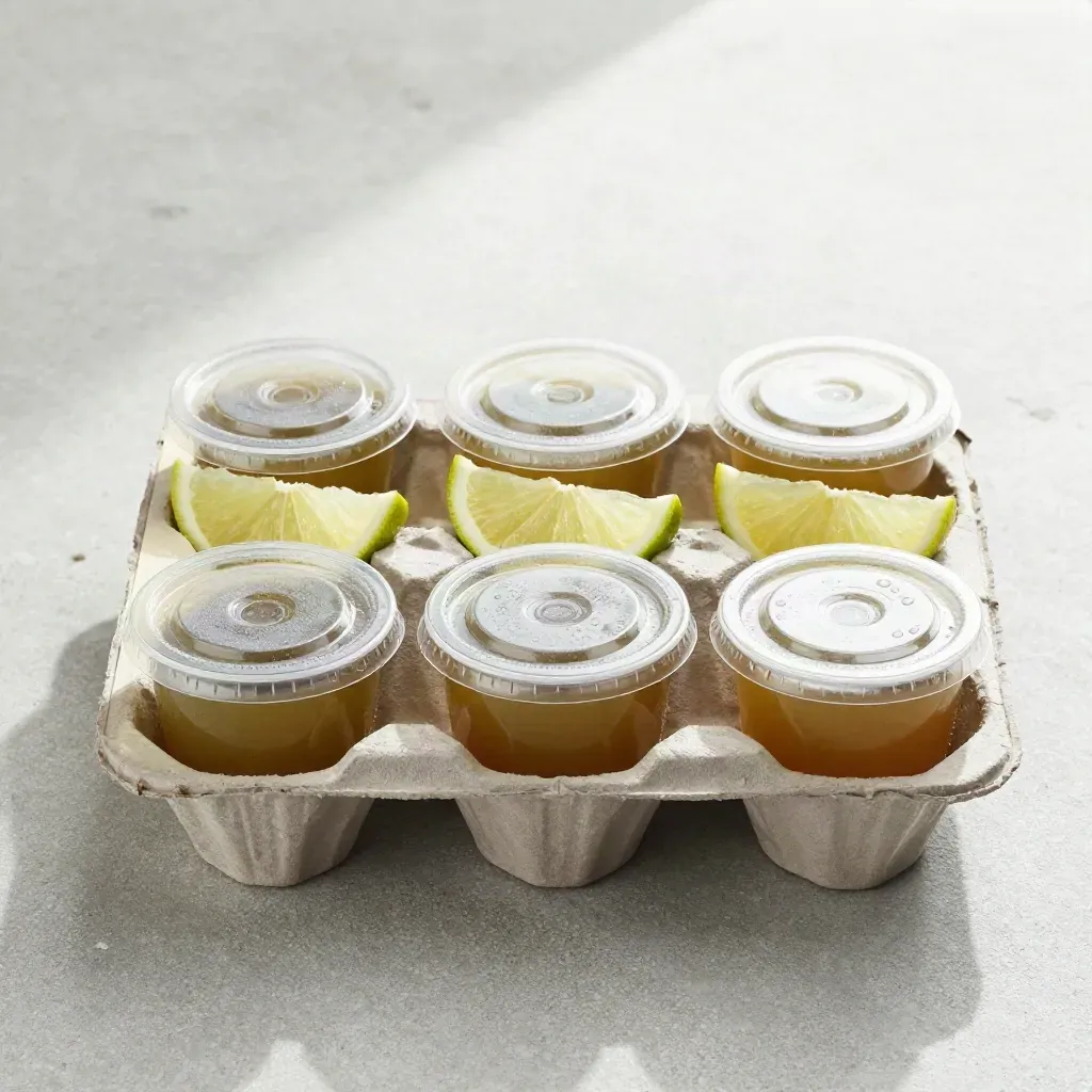 Overhead tray of six jelly cups with citrus wedges on pale concrete, crisp shadows and condensation.