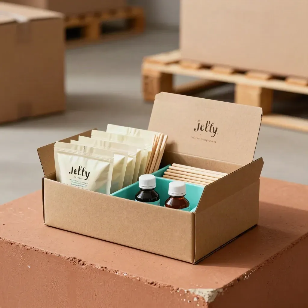Open wholesale starter box with pouches, sleeves, stirrers and sample bottles on concrete.