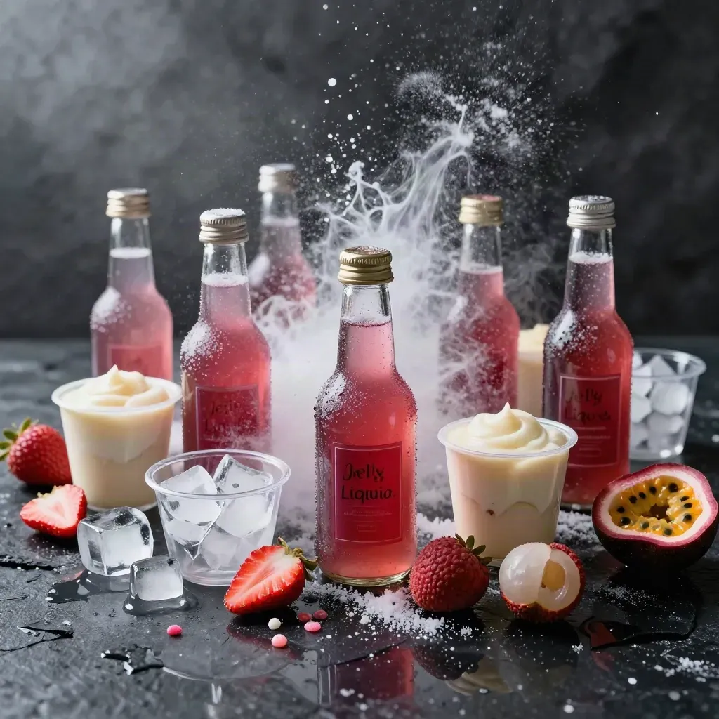 Jelly drinks, syrup vials, cups and fruit burst across a matte-black studio surface.