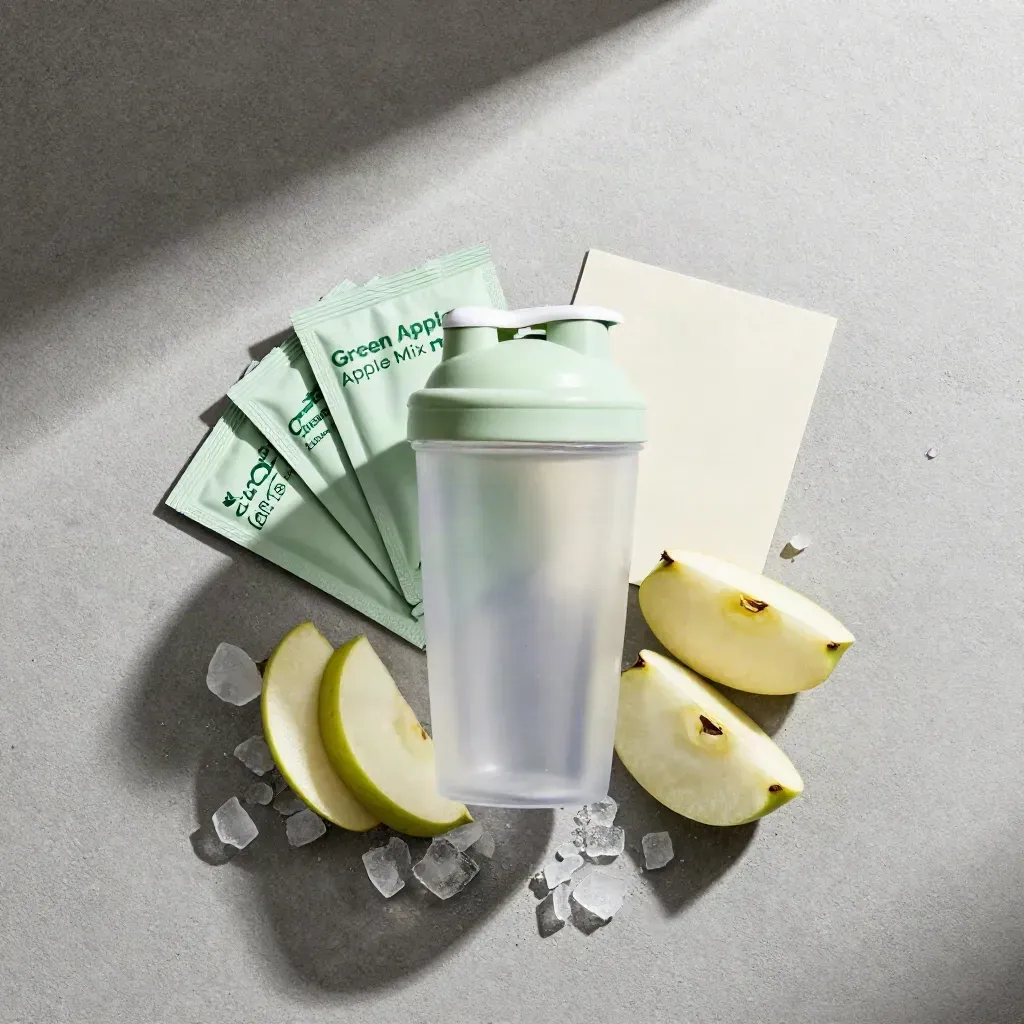 Overhead flatlay of green apple mix sachets, shaker cup, apple slices and ice on concrete.