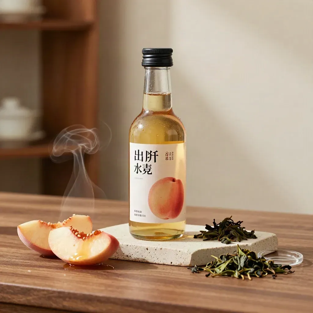 Unmarked peach oolong syrup bottle with peach slices, tea leaves, and steam on a cream stone plinth.