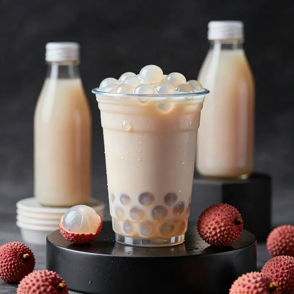 Lychee bubble tea kit with pearls, sealed bottle, lids and lychee cluster on a dark studio pedestal.
