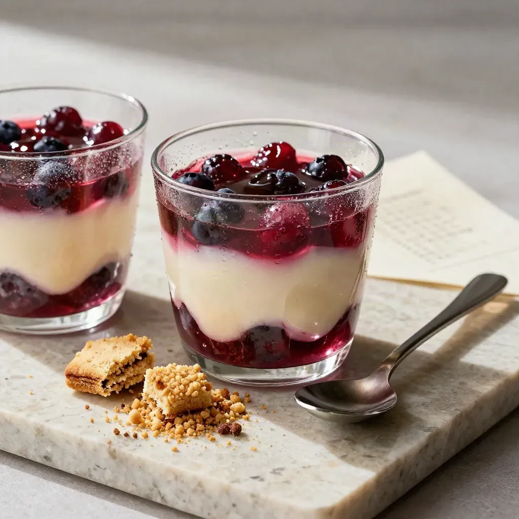 Berry dessert cups, crumb sachets, compote, and spoons on travertine with soft haze.