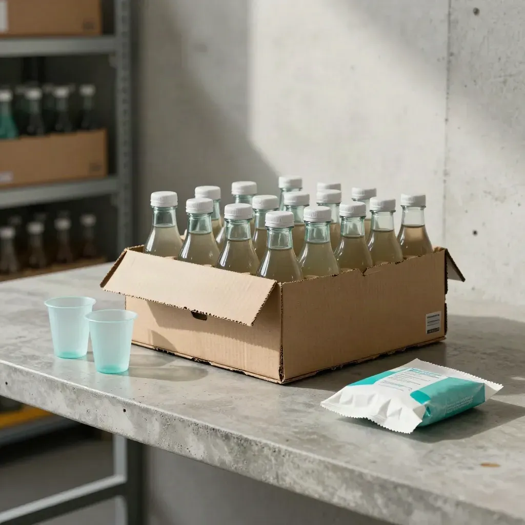 Opened wholesale jelly drink case with sample cups and packing paper on concrete bench
