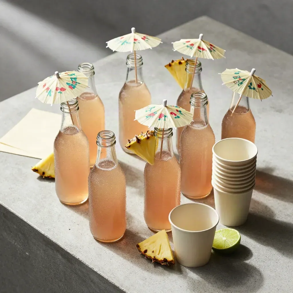 Overhead flatlay of eight tropical jelly drinks with fruit wedges, umbrellas, and cream cups.