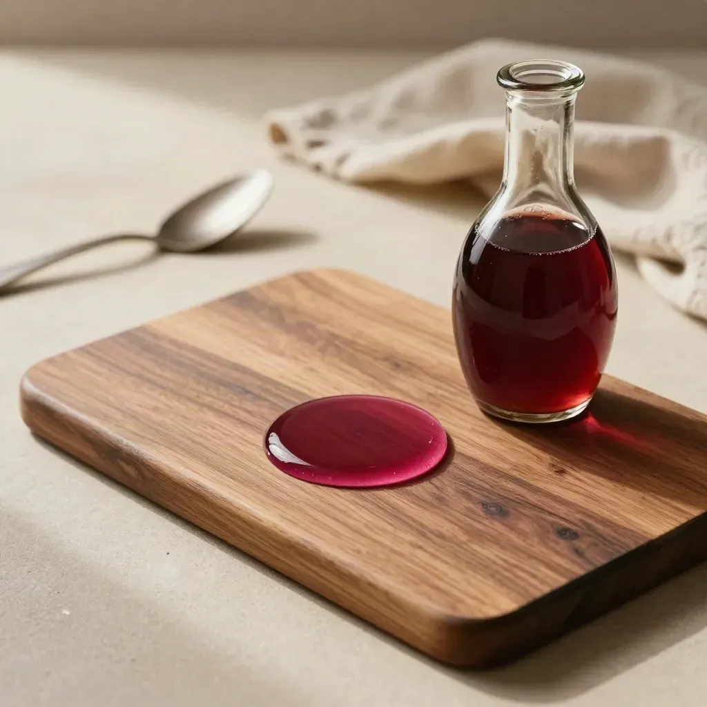 Walnut prep board with syrup ring, blurred utensils, and linen in soft daylight.