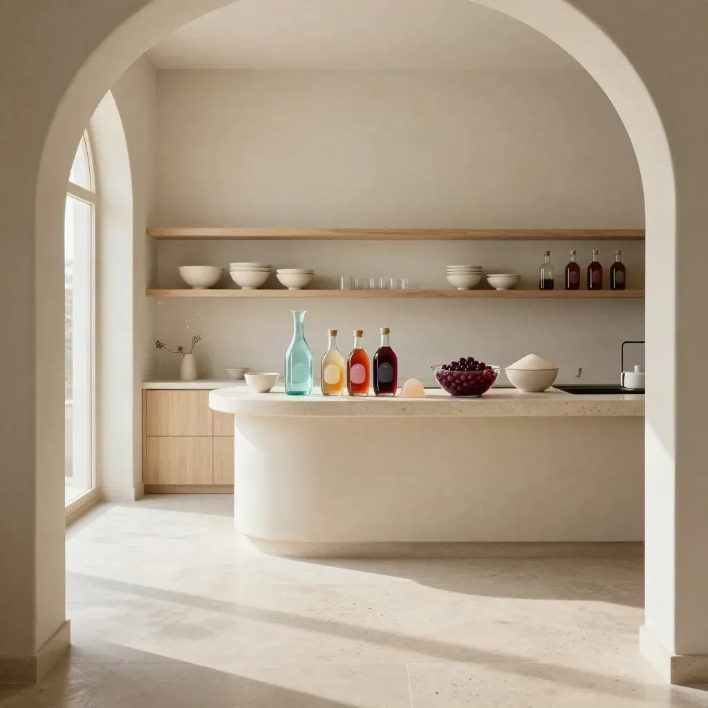 Sunlit pastry kitchen with bowls, syrup bottles and a calm open stone floor under an arched window.