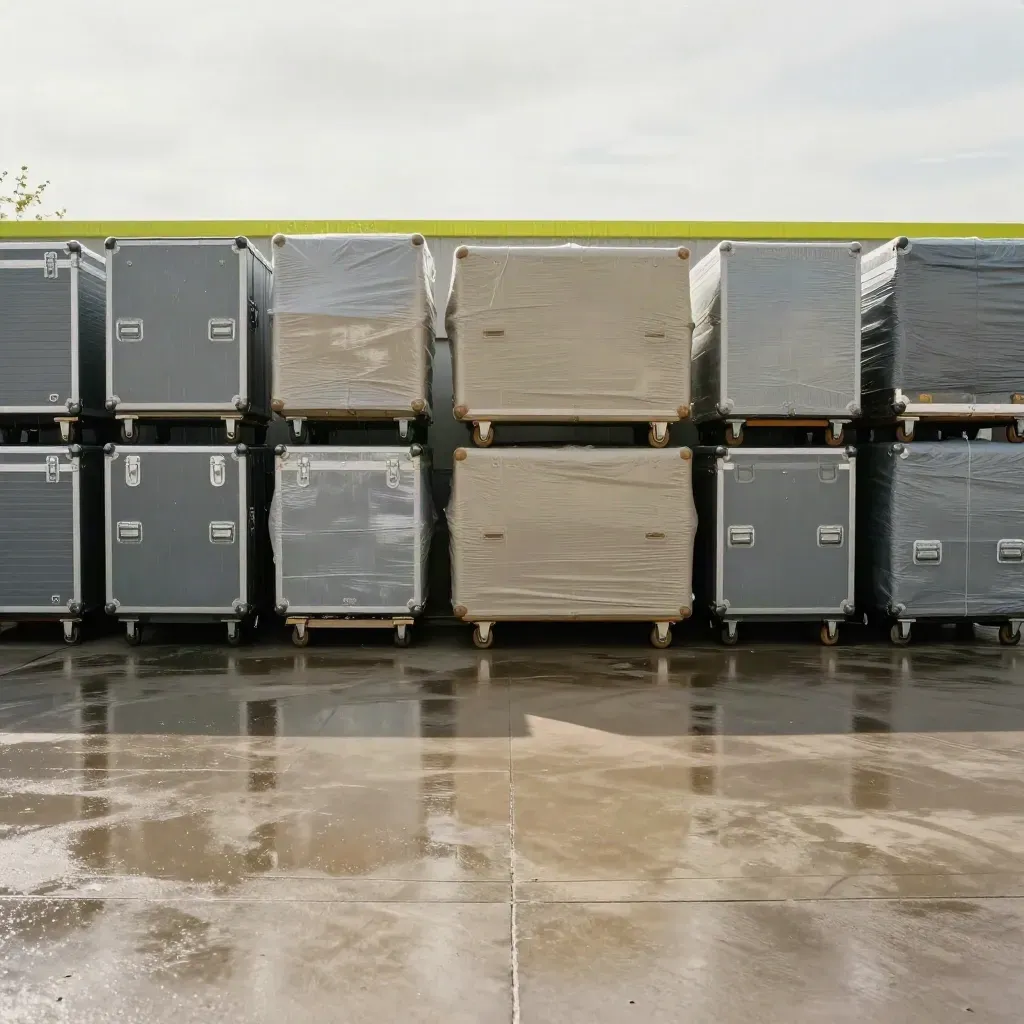 Rain-washed loading patio with stacked cases, wet concrete, and pale sky reflected below.