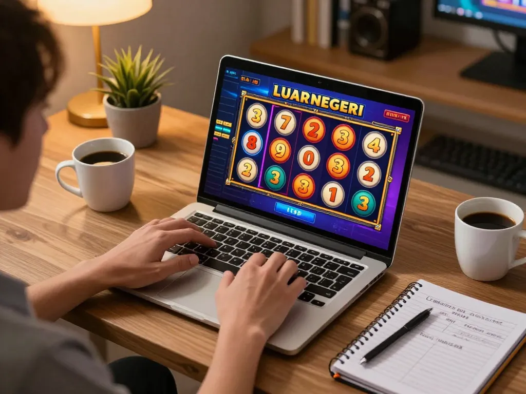 Playing on slot server luar negeri with vibrant visuals and strategic betting notes in a cozy home setting