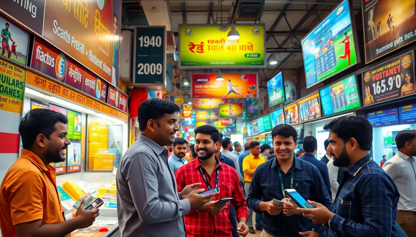 Engaged individuals exploring sports betting in India at a lively market.