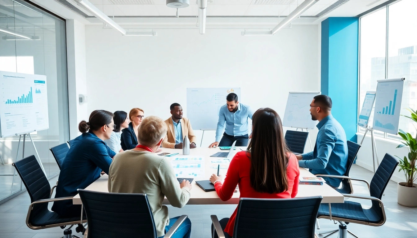 Engaging business meeting showcasing diverse professionals collaborating in a modern office.
