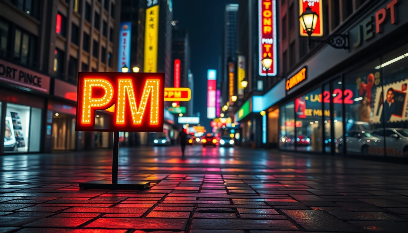 Engaging view of illuminated pm signs highlighting urban nightlife.