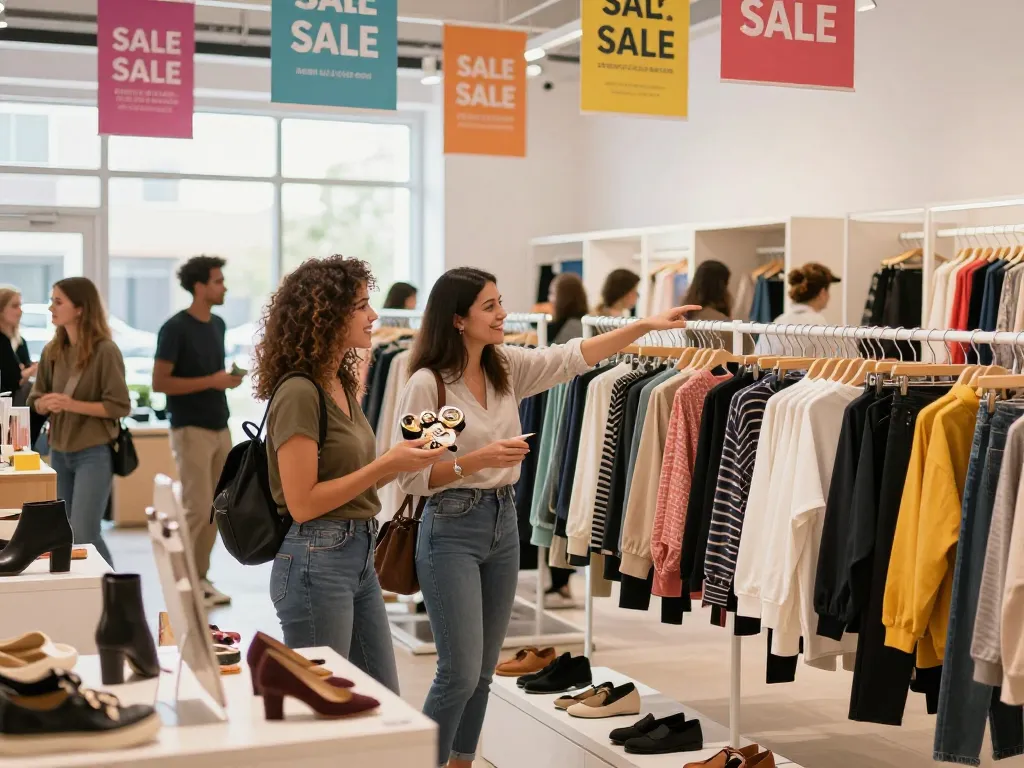 E-commerce shopping experience at https://hubet88.icu/ with happy customers exploring trendy fashion products in a vibrant retail space.