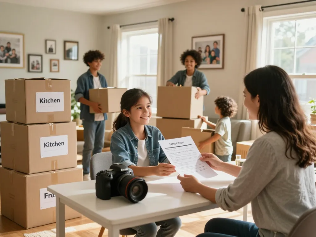 Sell my house fast for cash, family packing to move with a cash offer document on the table.