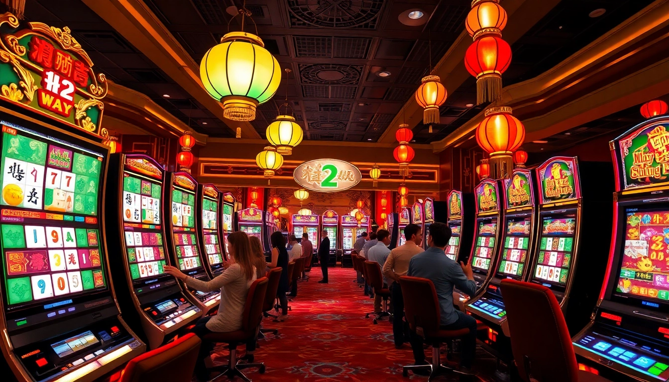 Pemain yang antusias menikmati permainan slot Mahjong Ways 2 di kasino yang ramai.