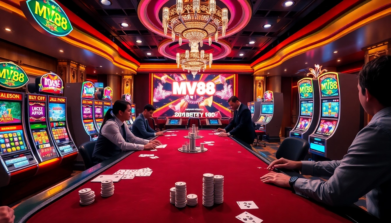Players enjoying the MV88 game at a luxurious casino with exciting slot machines and poker tables.