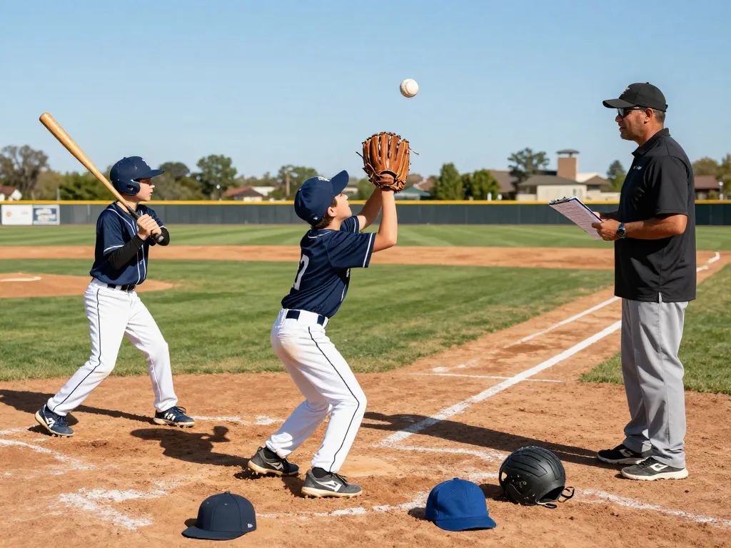 Young players training with baseball gloves and bats on a sunny field, capturing the excitement of practice.