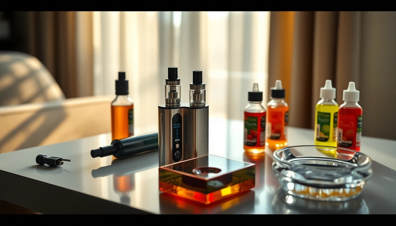 e zigarette auf einem stilvollen Tisch zusammen mit bunten E-Liquids präsentiert