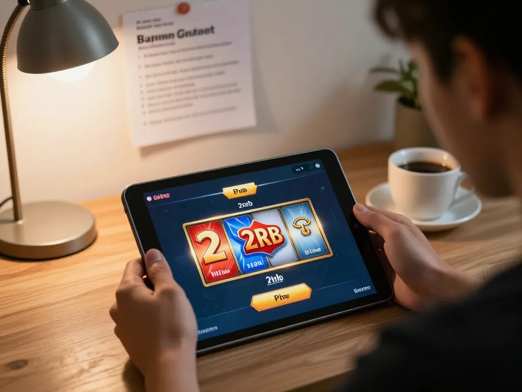 Engaging with slot deposit 2rb strategy on a tablet in cozy home setting.