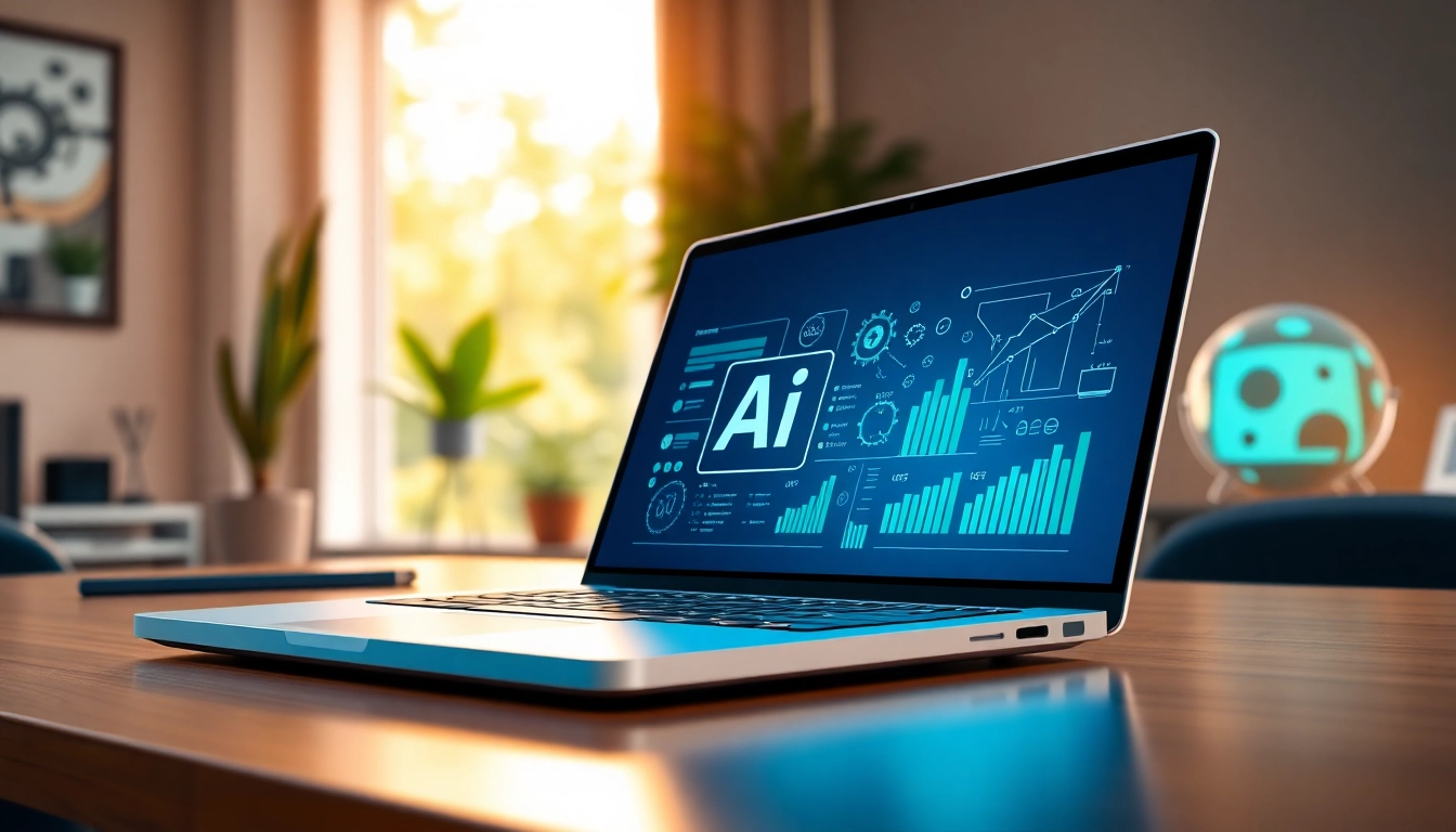 Find AI with AI illustrated in a modern workspace showcasing productivity tools and technology.
