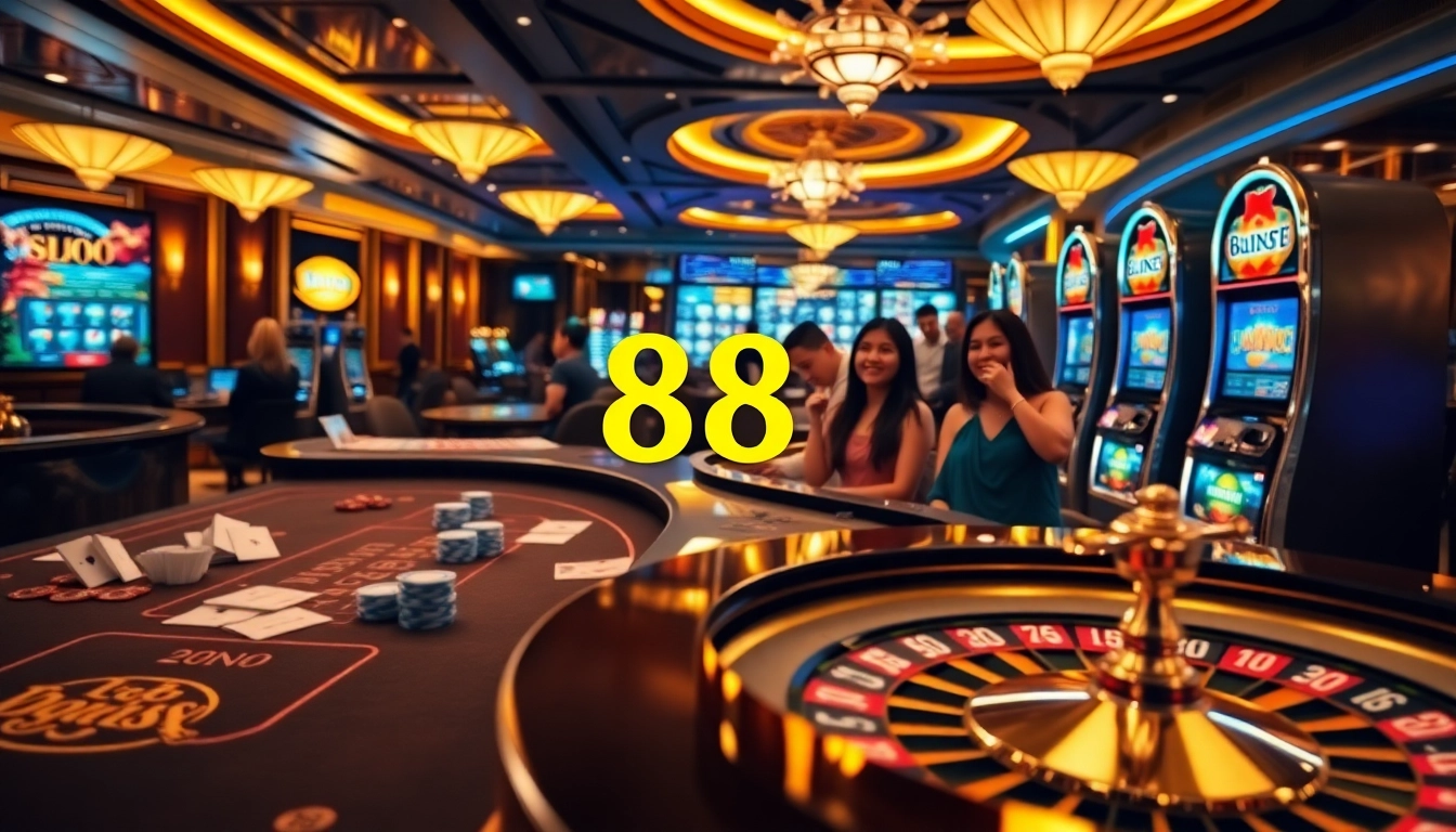 Engaging scene of gamblers at a luxurious casino focusing on 88i đăng nhập for an immersive experience.
