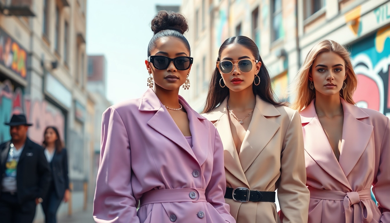 Stylish models embodying the latest fashion trends in an urban setting.