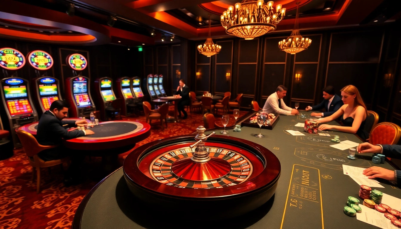 Experience the thrilling atmosphere of gambling at https://febet8.com with a vibrant roulette wheel and engaging casino tables.