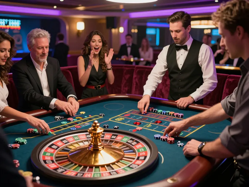 kkwin players engaged at a roulette table in a vibrant casino atmosphere, high-stakes excitement.