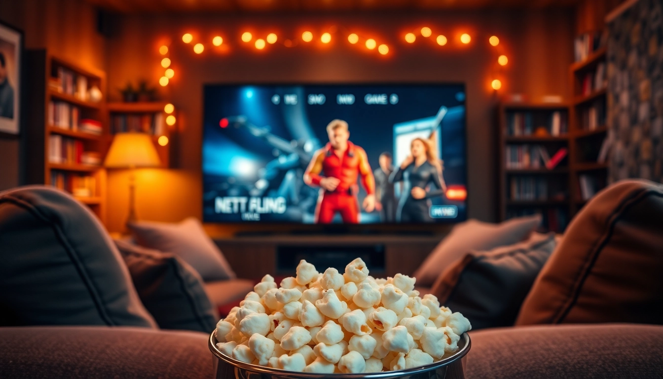 Enjoy movies online in a cozy home theater setting with popcorn and warm lighting.